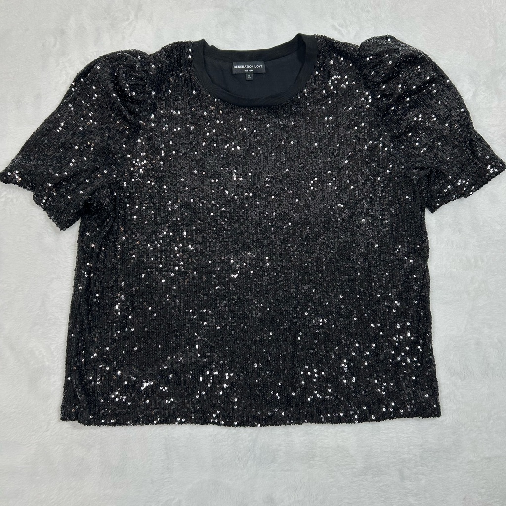 Generation Love Black Sequin Puff Sleeve Top Women’s Xl Crew Neck